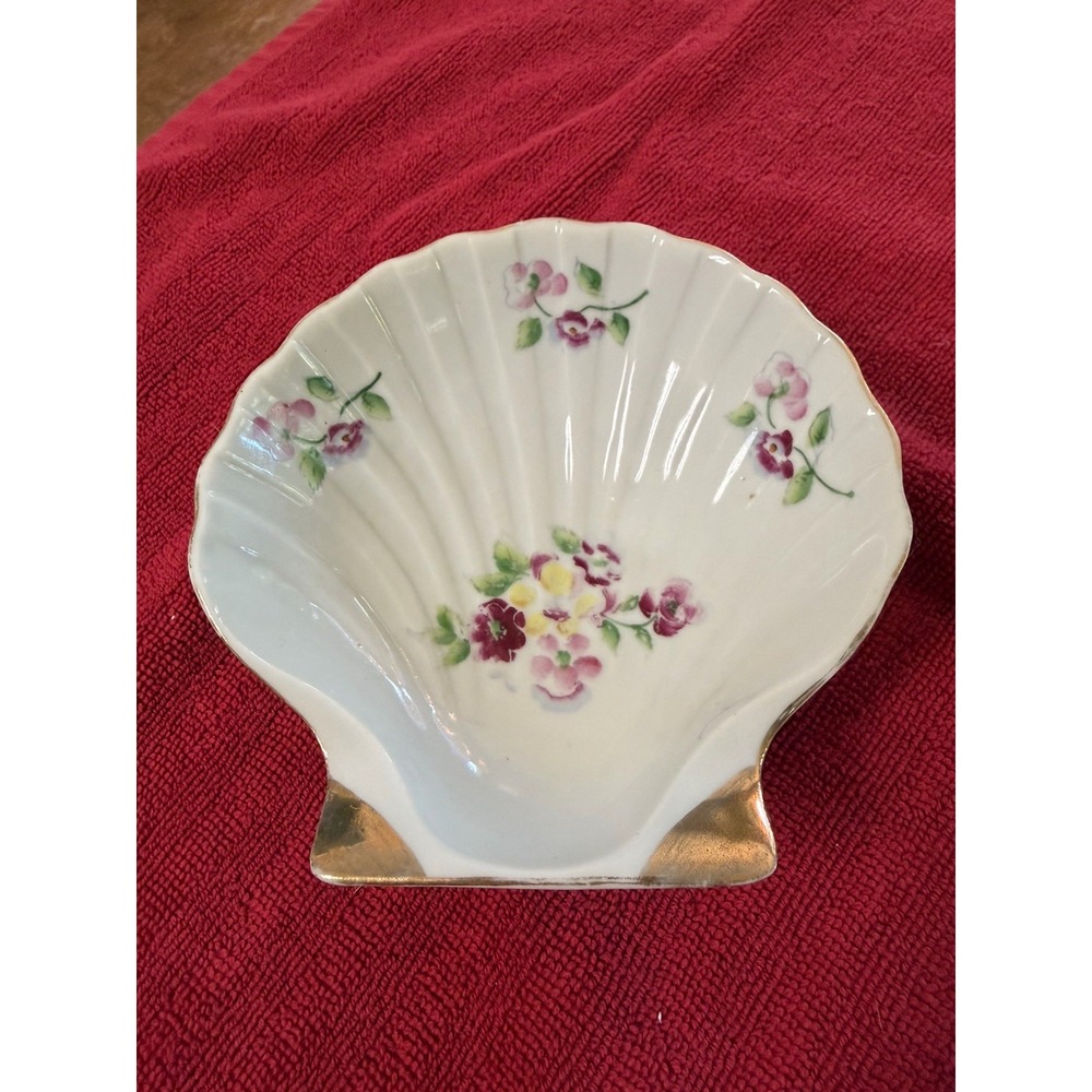 Vintage Hand Painted Made in Japan Shell Dish Pansy Floral W/ Gold Gilt 6"